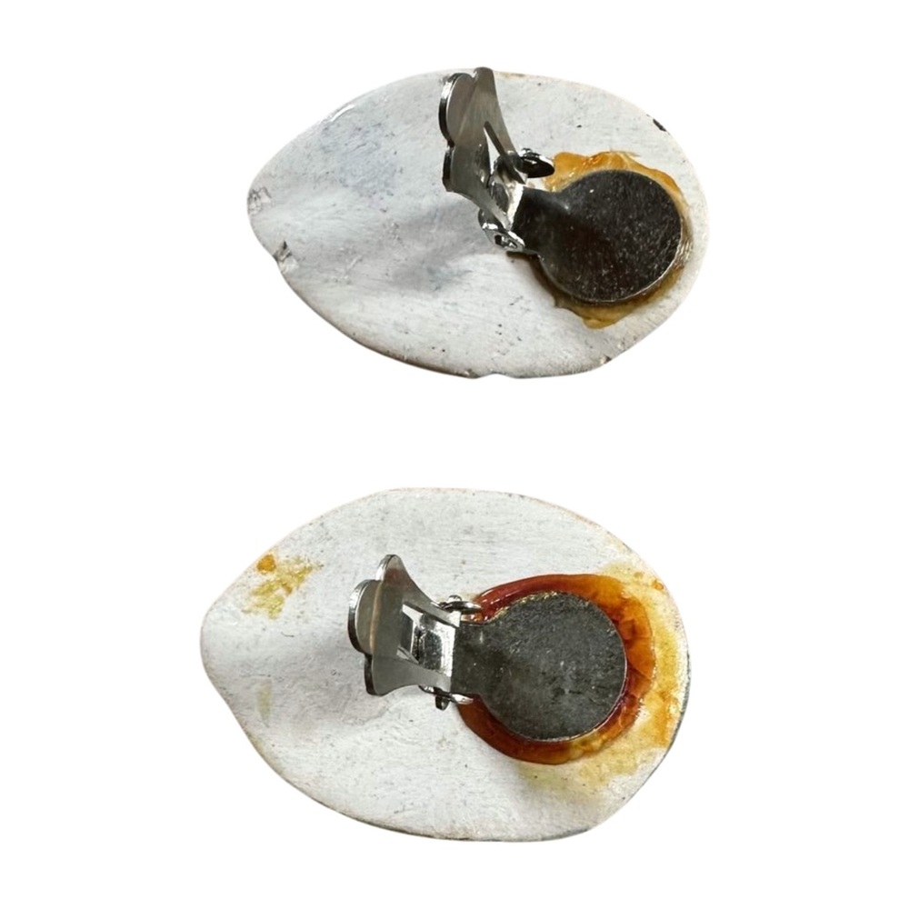 Vintage Ceramic Face Clip-On Earrings | Hand-Painted Whimsical Folk Art Jewelry - Picture 4 of 11